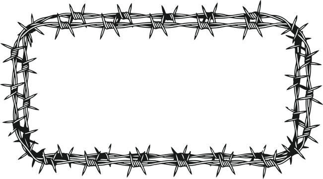 Barbed wire frame, metal border, sharp thorns, fence outline, vector graphic
