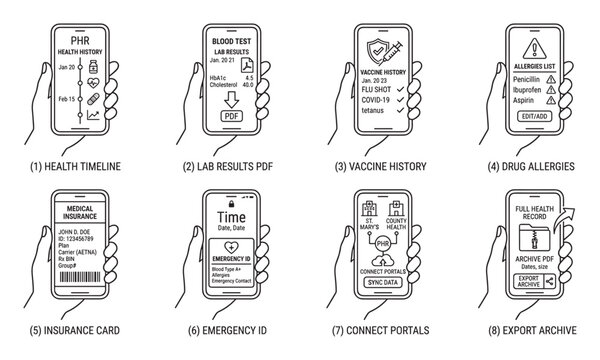 Smartphone medical app screens for health timeline lab results vaccine and drug allergies.