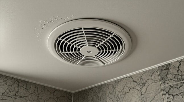White circular ceiling exhaust fan mounted in tiled bathroom interior. Moisture condensation drops collect near plastic ventilation vent. Air circulation system removes humidity odors, kepic room