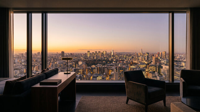 luxury hotel room interior overlooking a sprawling city skyline at sunset
