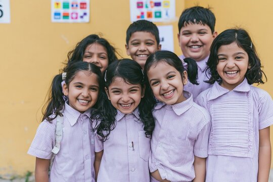Group of cheerful indian school children in uniforms smiling and standing together for education marketing, childhood lifestyle advertising and k-12 school enrollments