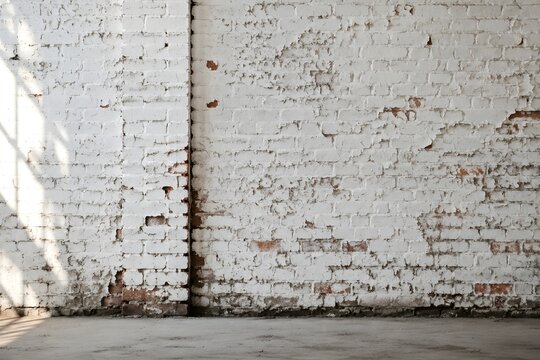 Whitewashed Brick Wall with Peeling Paint Creates Rustic Industrial Charm in Soft Natural Daylight Photography