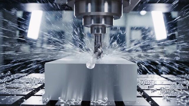 Precision CNC milling machine cutting aluminum block with coolant spray, advanced metal machining process in modern factory, automated manufacturing and industrial engineering.