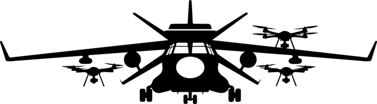 Military cargo plane silhouette with quadcopter drones, heavy transport aircraft vector icon, aerial defense and logistics technology illustration
