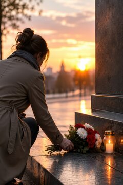 Young Adult Placing Red and White Flowers at an Urban Memorial