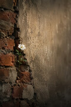 Single White Flower Growing from a Crack in a Damaged Brick Wall