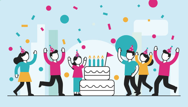 Joyful diverse people dancing and celebrating around a large double-tier birthday cake with confetti falling around them.