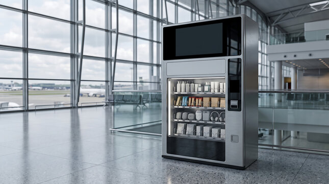 Modern smart vending machine inside a bright spacious airport terminal hall