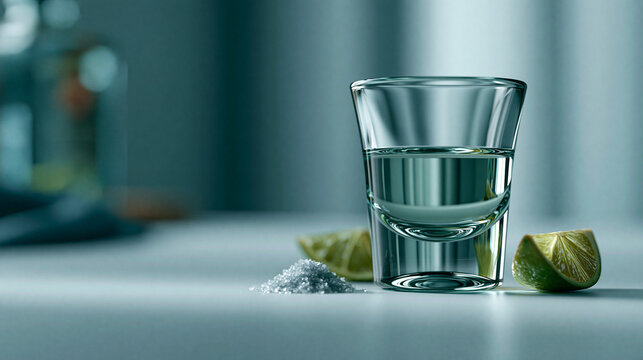 Shot glass of tequila with fresh lime wedges and salt on table beverage cocktail nightlife