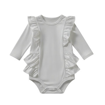 White baby girl bodysuit with ruffles and long sleeves isolated on transparent background