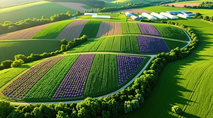 Naklejka premium Aerial view shows lush green fields and purple lavender rows on rolling hills. Farm buildings with greenhouses sit on horizon. Colorful cultivated agriculture landscape in summer sun.