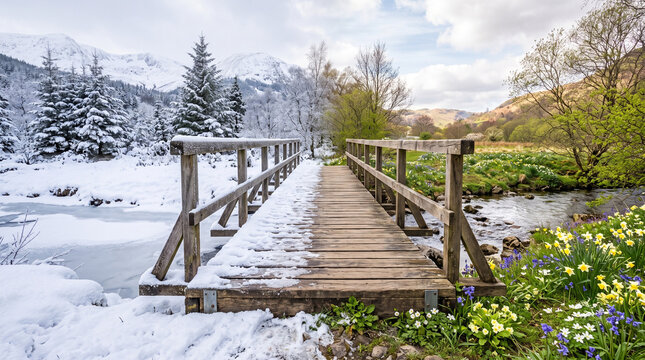 Wooden bridge crossing a river from a snowy winter landscape to a blooming spring meadow