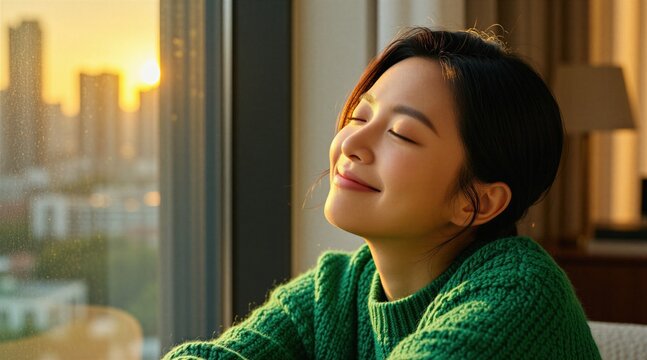 Young Asian woman stands near window at home during sunset golden hour. Female person with closed eyes smiles peacefully, enjoys warm sunlight light. Calm girl feels happy relaxed, rests inside cozy