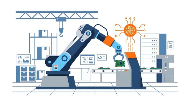 Flat vector illustration of a robotic arm assembling electronic components in a smart factory powered by artificial intelligence. Suitable for Industry 4.0, manufacturing automation, robotics, and ind