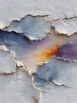Abstract Texture of Cracked Plaster with Colorful Underlay in Soft Blue and Orange Hues
