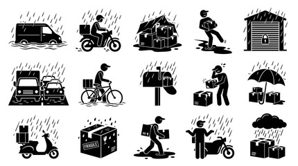 Fototapeta premium Shipping and Postal Service Solid Icons: Packages, Couriers, and Vehicles in Rain
