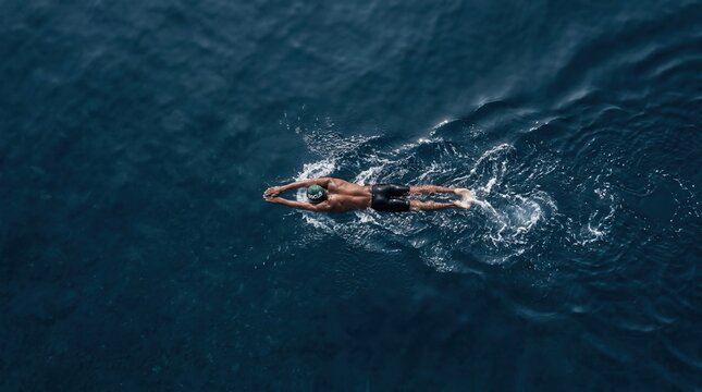 Aerial bird's-eye view of a male athlete swimming in deep blue open ocean water wearing a green swim cap and black trunks, creating white splashes and water ripples during training.