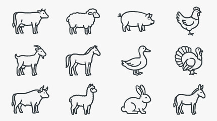 Fototapeta premium Sleek Black and White Line Drawing Set of Farm and Barnyard Animals with high quality professional line art symbols for modern creative design and digital branding projects