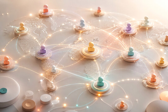 Distributed team nodes connected by flowing communication lines in warm inclusive colors, remote collaboration and connectivity concept, photorealistic professional render