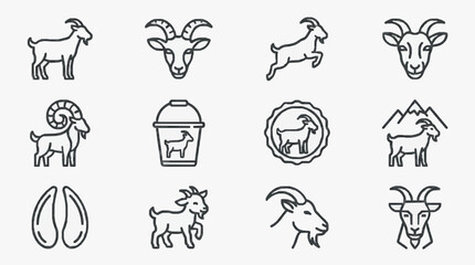 Fototapeta premium Minimalist Black and White Line Art Collection of Goats and Ram Symbols with Various Stylized Depictions