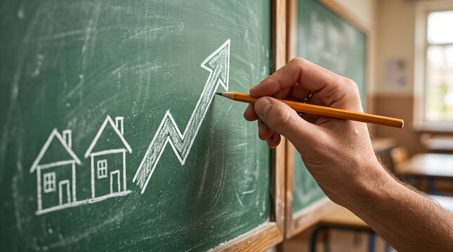 Real estate growth, housing market trend, chalkboard drawing, business education concept