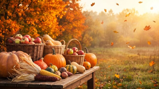 Rustic Thanksgiving celebration in peaceful countryside featuring freshly harvested pumpkins, and vegetables, traditional harvest festival atmosphere