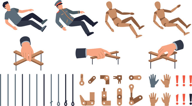Puppet Master Construction Kit with Puppeteer Hands Wooden Mannequins Strings Joints and Controlled Human Characters for Manipulation and Control Vector Concepts