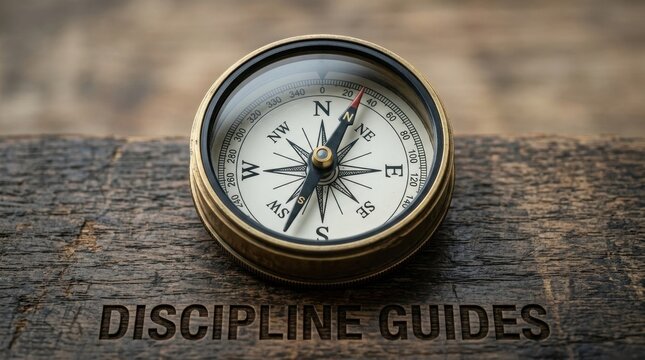 Close-up of a vintage brass nautical compass resting on a weathered dark wood surface with the words DISCIPLINE GUIDES engraved into the timber, representing navigation and focus.