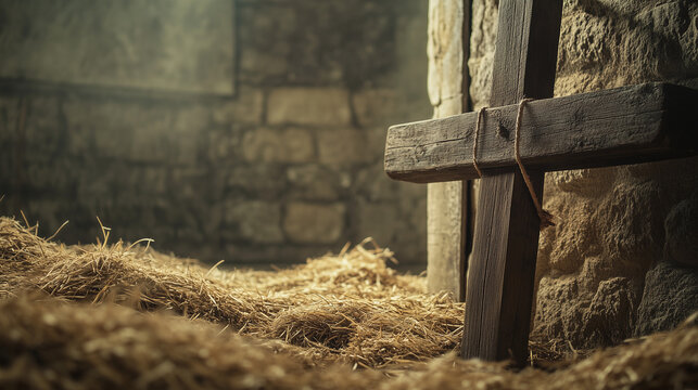 A rugged wooden pillory next to hay against the stone fortress wall