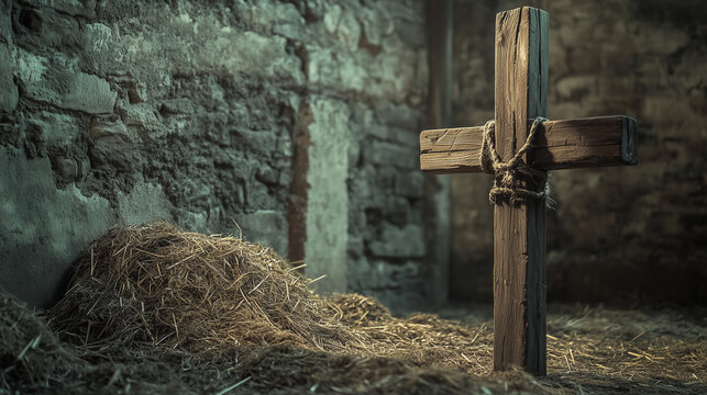 A rugged wooden pillory next to hay against the stone fortress wall