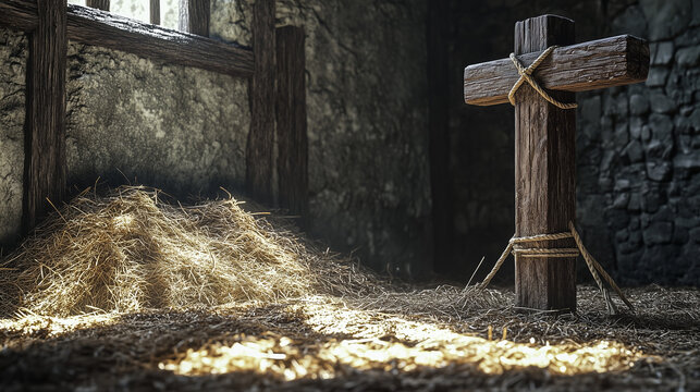 A rugged wooden pillory next to hay against the stone fortress wall