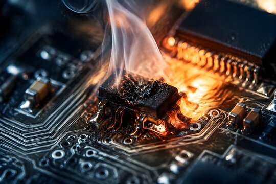 Short Circuit on Motherboard with Rising Smoke and Dramatic Backlight Captured in Extreme Macro Detail