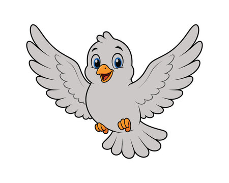 Cute cartoon dove flying with open wings isolated on white background