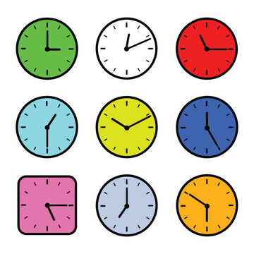 Collection of colorful wall clocks in flat vector design style