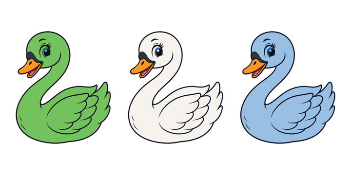 Three cute cartoon swans isolated on a clean white background
