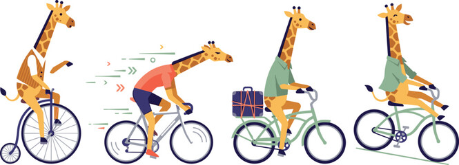 Giraffe Cartoon Character Riding Bicycle Set with Penny Farthing Road Bike Cruiser and Luggage Carrier for Active Travel Vector Design © EdGe Creative