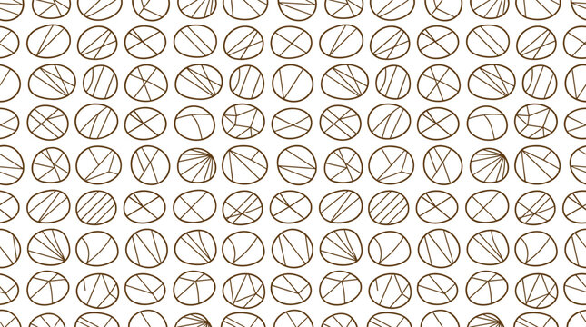 Seamless pattern of hand drawn brown circles containing abstract geometric line segments
