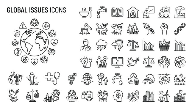 Set of global issues icons, including environmental, social, and economic problems
