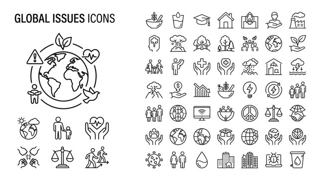 Set of global issues icons, thin line style, vector illustration