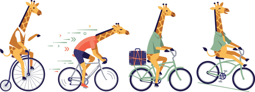 Giraffe Cartoon Character Riding Bicycle Set with Penny Farthing Road Bike Cruiser and Luggage Carrier for Active Travel Vector Design