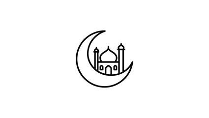mosque dome with crescent symbol, black and white vector line art, isolated on white background minimal icon, crescent moon with mosque silhouette, black and white line art vector, house, home, icon,  © Design