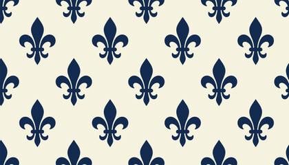 Fototapeta premium Elegant seamless pattern of navy blue fleur-de-lis symbols arranged in a diagonal grid on a cream background.