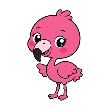 Little pink flamingo bird character isolated on white background