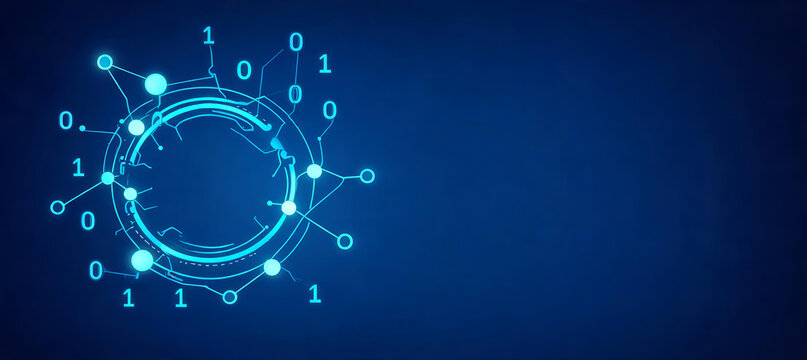 A futuristic digital illustration featuring binary code and glowing network nodes connected by circular lines, representing data technology.