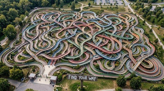 High angle shot of an immense, colorful tangled walkway maze and intricate path network in a park, featuring a wooden sign reading "FIND YOUR WAY" in the foreground for navigation.