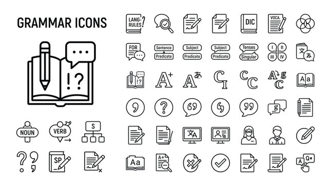 Set of grammar icons, thin line style, education and language learning symbols