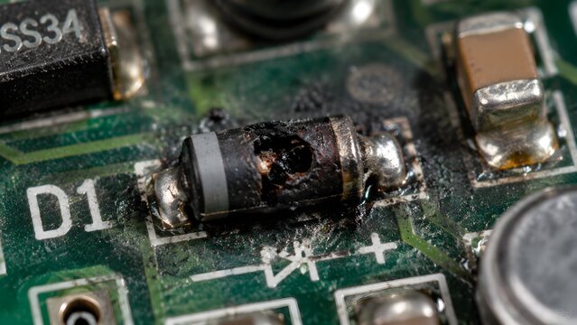 Burnt Diode on Voltage Regulator Board Captured in Extreme Macro Electronic Damage Detail Concept Photography