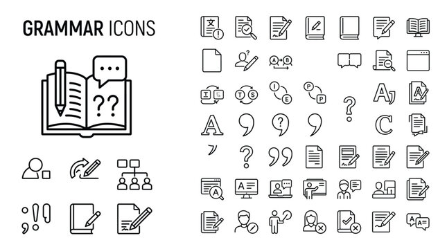 Set of grammar icons, vector illustration of language learning and writing symbols