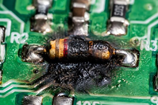 Burnt Resistor on Green Circuit Board Reveals Extreme Electronic Failure in Detailed Macro Photography Concept