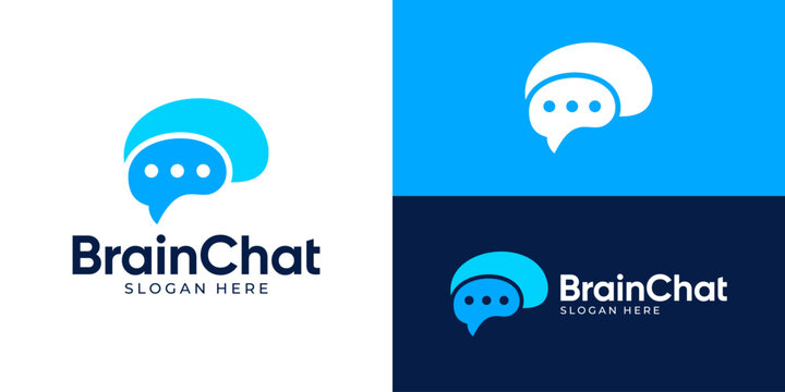 Creative simple brain chat logo template. Brain with bubble chat symbol, Mind talk logo design vector illustration.